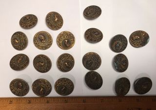 Set Vintage Or Antique Brass Tone Buttons W/ Early Image Of Lady; Some
