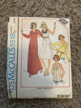 Mccalls Pattern 5518 Misses Dress Top Vintage 1977 Size Large Uncut