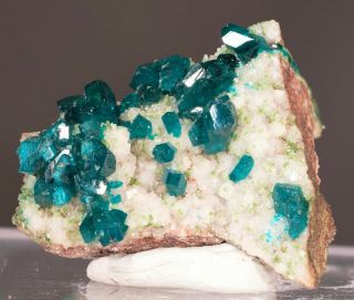 Dioptase With Duftite On Calcite,  Tsumeb Mine,  Namibia