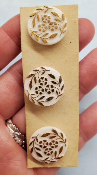 3 VINTAGE WHITE GLASS BUTTONS WITH RAISED GOLD ACCENTS LEAF AND FLOWERS 2
