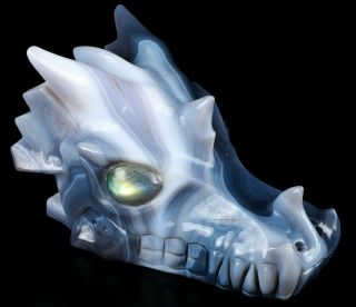 5.  2 " Gray & White Agate Carved Crystal Dragon Skull & Labradorite Eyes