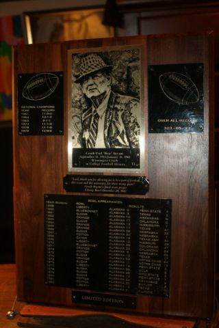 Vintage Hardwood Plaque Alabama Crimson Tide Football Coach Paul Bear Bryant