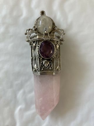 Large Rose Quartz Crystal With Amethyst And Moon Stone Accents Almost 4” Long An