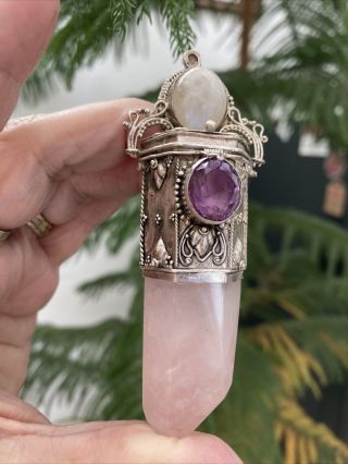 Large Rose Quartz Crystal With Amethyst And Moon Stone Accents Almost 4” Long An 3