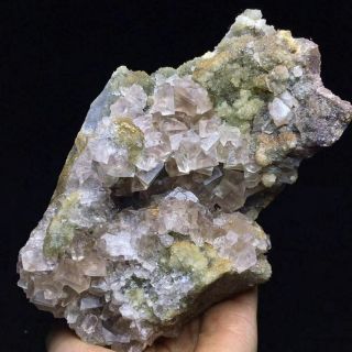 795g Transparent Pink Cubic Fluorite Crystal Cluster & Quartz Mineral Specimen 2