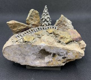 Vintage Geode With Pewter Tree And Railroad Track 5” X 3 1/4”