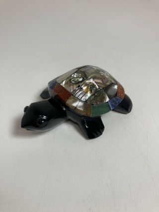 Vintage Hand Carved Black Onyx Turtle Figurine W/iridescent Abalone Shell,  More