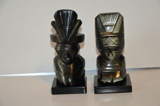 2 Black Gold Sheen Obsidian Carved Aztec Mayan Tiki Idol Figures 4 " & 4 1/2 "