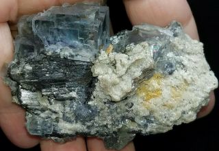 Blue Cubic Fluorite W/ Calcite Crystals Yaogangxian Mine China Mineral Specimen