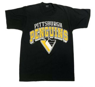Vintage Pittsburgh Penguins T - Shirt Logo Single Stitch Medium Black Nhl 1990