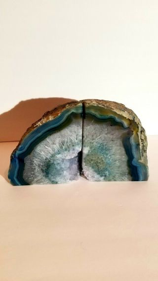Large 13 Lb.  Polished Brazilian Blue Agate Geode Bookends Crystal Centers