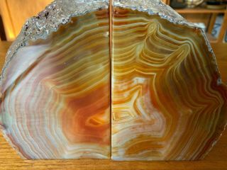 Large Vtg Natural Polished Agate Rock Geode Stone Bookends Burnt Orange 8.  5 Lb