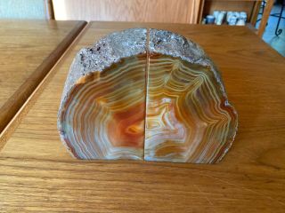 Large VTG Natural Polished Agate Rock Geode Stone Bookends Burnt Orange 8.  5 lb 2