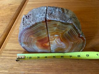 Large VTG Natural Polished Agate Rock Geode Stone Bookends Burnt Orange 8.  5 lb 3