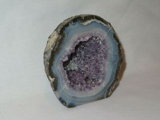 Cut Polished Geode Filled W/ Amethyst Crystals And Banded Blue Agate Stunning