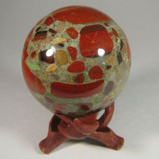 2.  1 " Conglomerate Red Jasper Gemstone Sphere Ball W/ Stand - India - 53mm