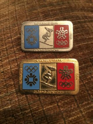 2 Sarajevo 1984 Winter Olympic Games Closing Ceremony Silver And Gold Pins Badge