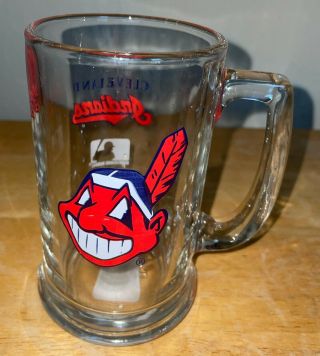 Vintage Mlb Cleveland Indians Banned Logo Chief Wahoo Tribe Glass Beer Mug 5.  5 "