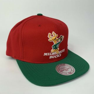 Milwaukee Bucks Mitchell & Ness Nba Snapback Hat Cap Red Green Brim Hardwood