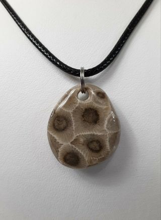Ancient Michigan Dark Eyes Petoskey Stone Polished Pendant Necklace