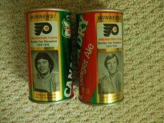 1974 - 75 Canada Dry Andre Dupont Reggie Leach Philadelphia Flyers Cans (2)