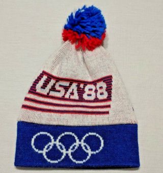 Vintage Usa 1988 Winter Olympics Calgary Beanie Pom Stocking Cap Red White Blue