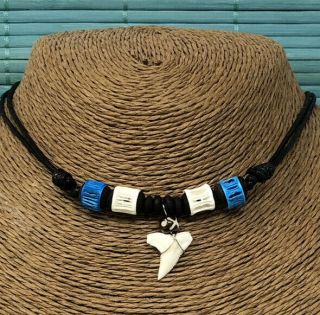 Real Mako Shark Tooth Pendant Surfer Necklace For Men | Wood Beads
