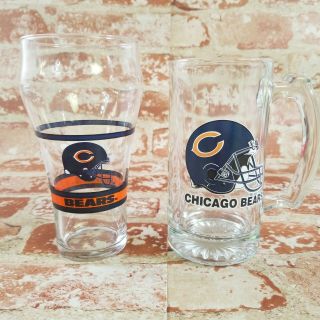 Vintage Set 2 Chicago Bears Beverage Glasses 16oz Coca Cola & 12oz Beer Stein