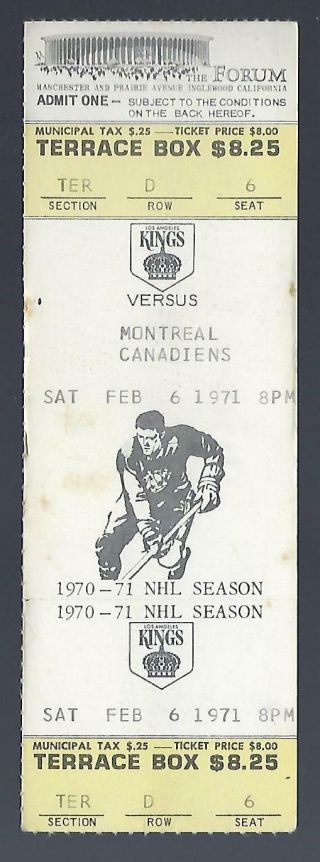 1970 - 71 Nhl Montreal Canadiens @ Los Angeles Kings Full Hockey Ticket