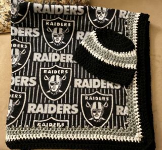 Raiders Football Baby Blanket Fleece Crochet Handmade With Beanie