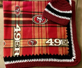 San Francisco 49’ers Football Baby Blanket Fleece Crochet Handmade With Beanie