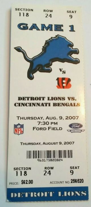 2007 Cincinnati Bengals Detroit Lions Calvin Johnson Nfl Football Ticket Stub