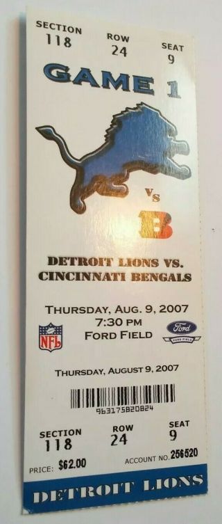 2007 Cincinnati Bengals Detroit Lions Calvin Johnson NFL Football Ticket Stub 2