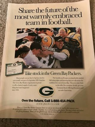 Vintage 1997 Green Pack Packers Team Stock Certificate Print Ad Lambeau Leap 90s