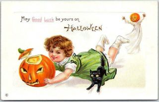 Vintage Halloween Postcard " May Good Luck Be Yours " Jol Cat Stecher 339b