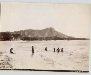 Davey,  Surf At Waikiki Diamond Head Honolulu Hawaii 1880s Hawaiian Albumen Photo