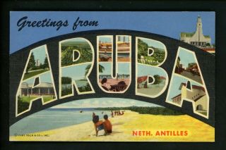 Large Letter Linen Vintage Postcard Aruba,  Netherlands Antilles Curt Teich Rare