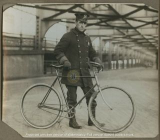 Vintage York City 25th St Bridge Bicycle Police Officer Cop Photograph 1910s