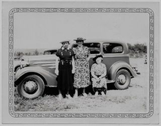 Old Photo Women Wearing Dresses And Hats Posing With Car 1930s