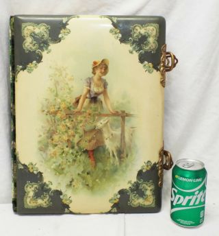 Gorgeous Old Large Antique Victorian Celluloid Photo Album Girl With Goat