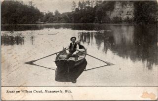 Vintage 1907 Man Fishing In Boat,  Wilson Creek,  Menomonie Wisconsin Wi Postcard