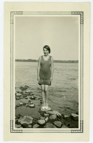 Old Antique Photo Girl Bathing Suit Swimsuit Beauty Women Fashion Swimming Beach
