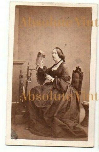 Old Cdv Photo Lady With Spinng Wheel Ross & Thomson Edinburgh Scotland C.  1860