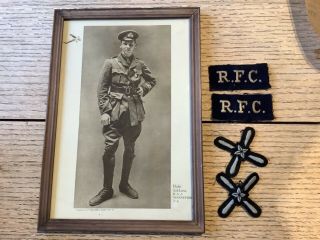 Ww1 Rfc Royal Flying Corps Pilot Framed Photograph & Patches X4