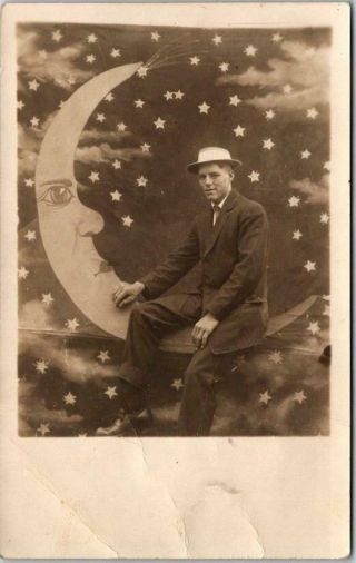 Vintage 1911 Paper Moon Studio Photo Rppc Postcard Young Man Suit Hat / Comet
