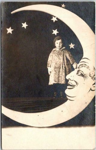 Vintage 1910s Paper Moon Studio Photo Rppc Postcard /child In Winter Coat & Hat