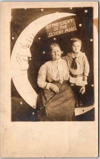 Vintage 1910s Paper Moon Studio Photo Rppc Postcard Grandma W/ Little Boy