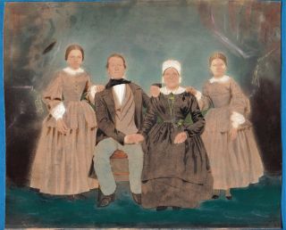 Early Salt Paper Painted Tinted Photo Family Portrait Papier Salé France Ca 1855