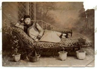 Old Photograph Reclining Chinese Lady Hong Kong / China Vintage C.  1900
