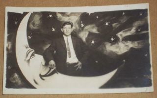 Vintage Humorous Rppc,  George Weeks Sitting On A Paper Moon